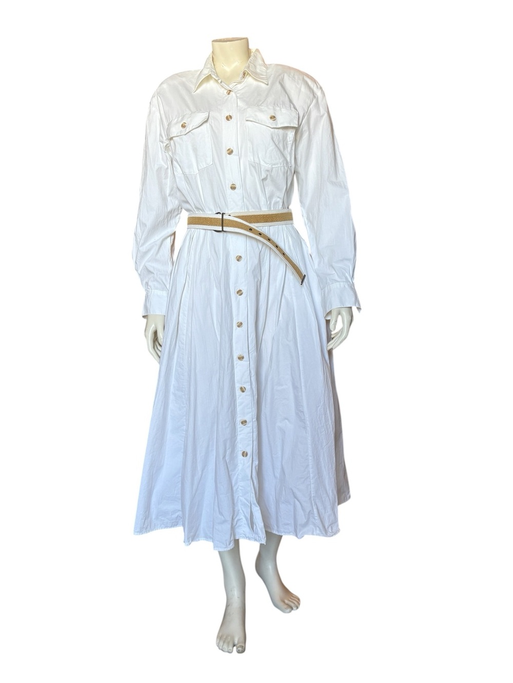 Vintage Town & Country White Cotton Shirt Dress With Shoulder Pads, Belt Size 14 - Picture 2 of 14